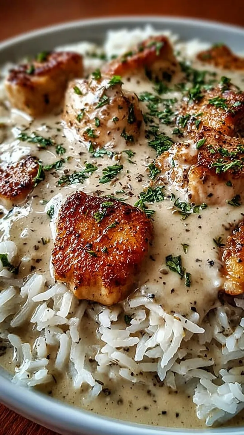 Golden seared chicken thighs smothered in creamy mushroom gravy served over white rice