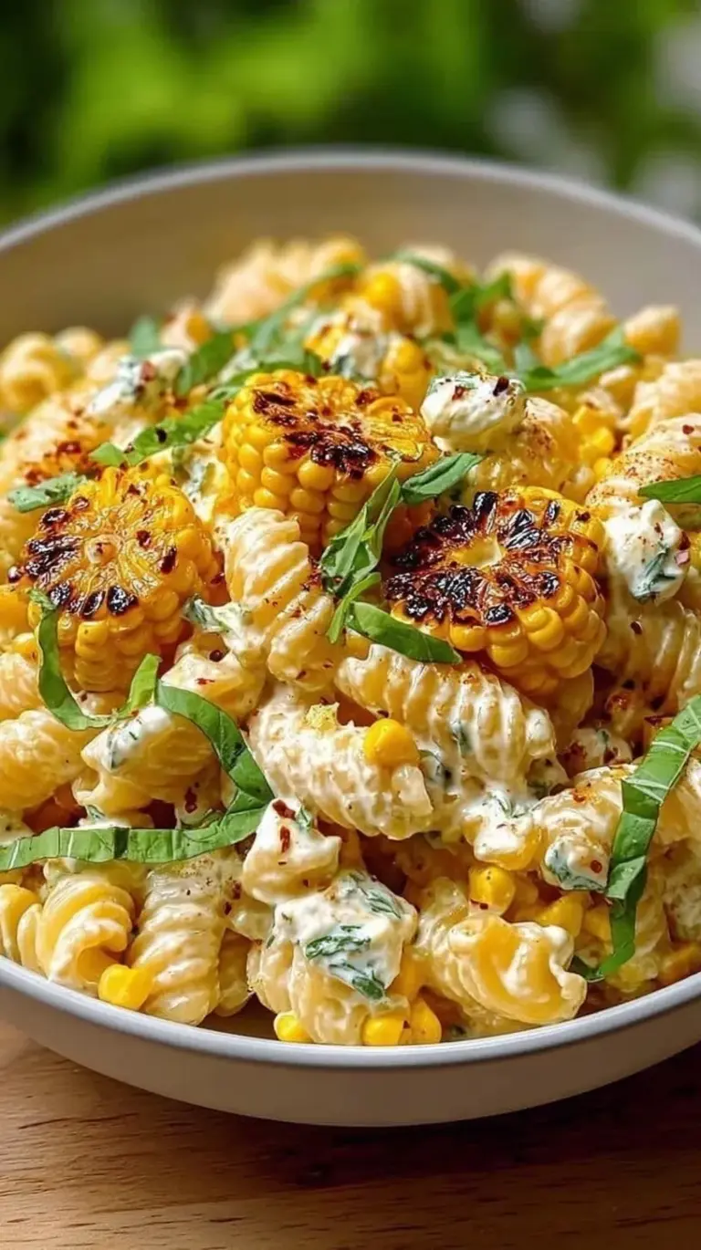 A large white bowl filled with Creamy Street Corn Pasta Salad topped with charred corn, cotija cheese, and fresh cilantro.