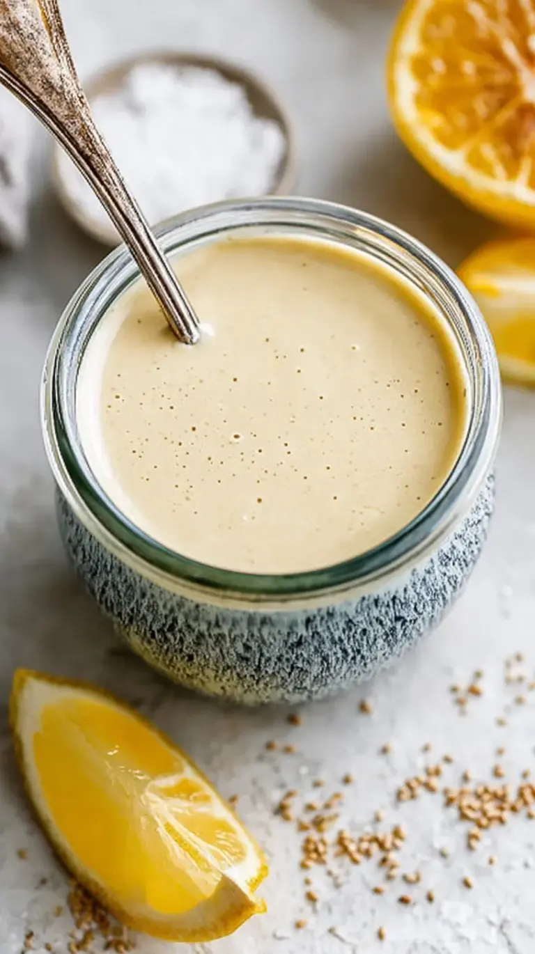 A smooth and creamy tahini dressing being drizzled from a glass jar.