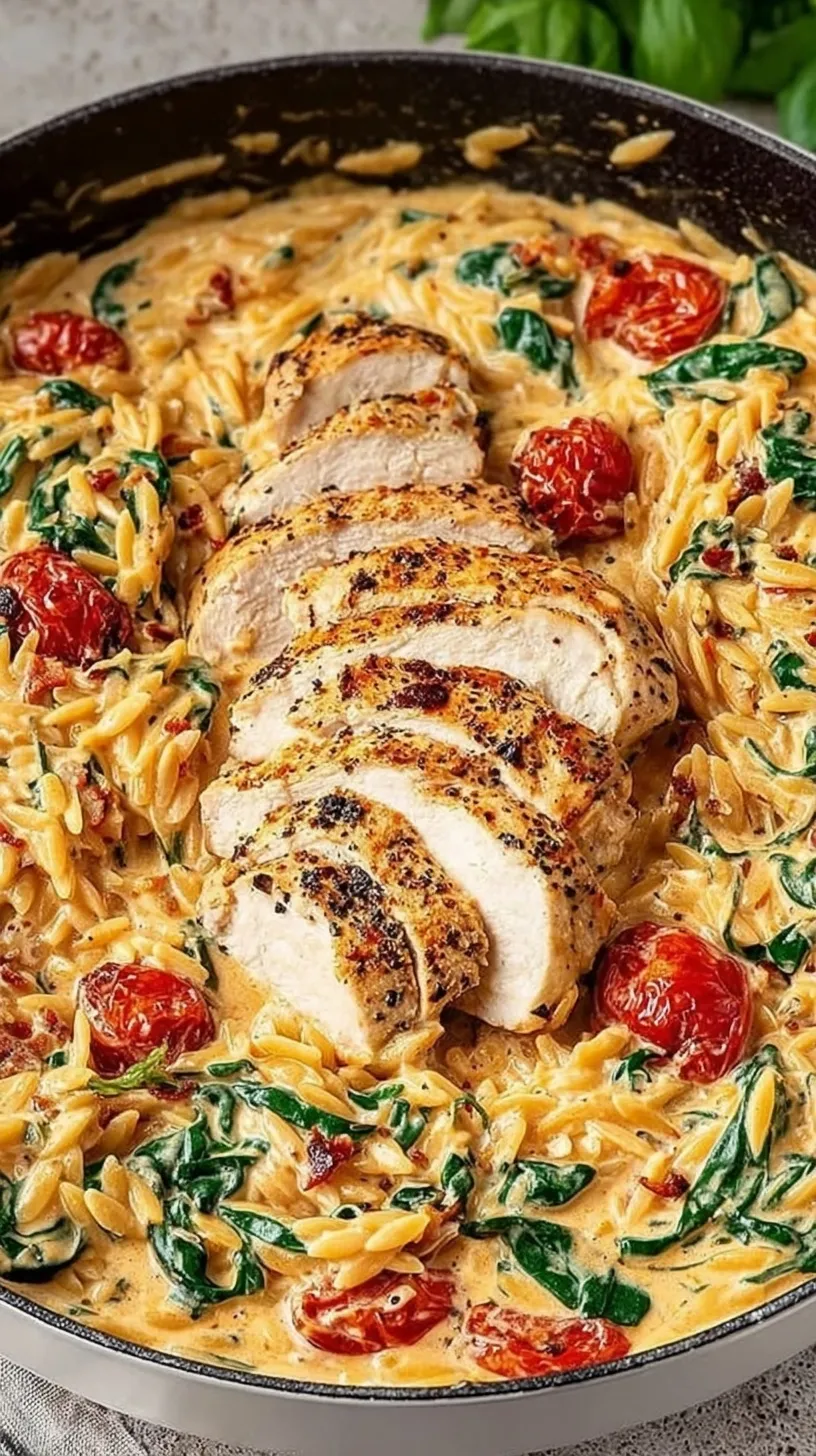 A skillet filled with creamy tuscan chicken orzo, sun-dried tomatoes, and fresh spinach