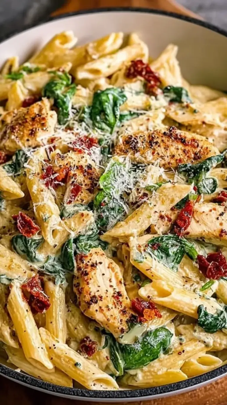 A skillet filled with creamy tuscan chicken pasta, wilted spinach, and sun-dried tomatoes