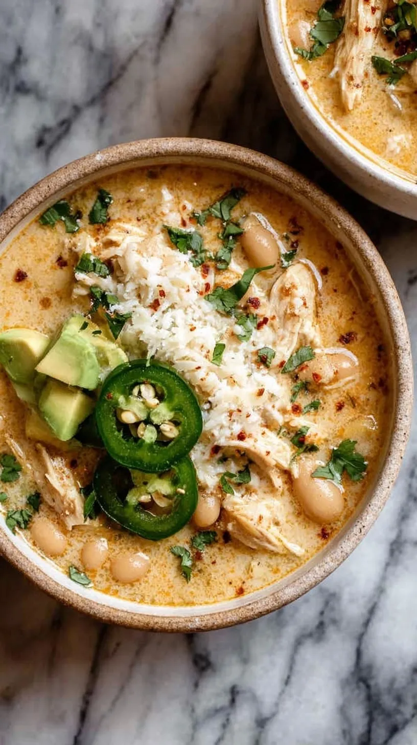 A white bowl filled with creamy white chicken chili topped with cilantro and avocado