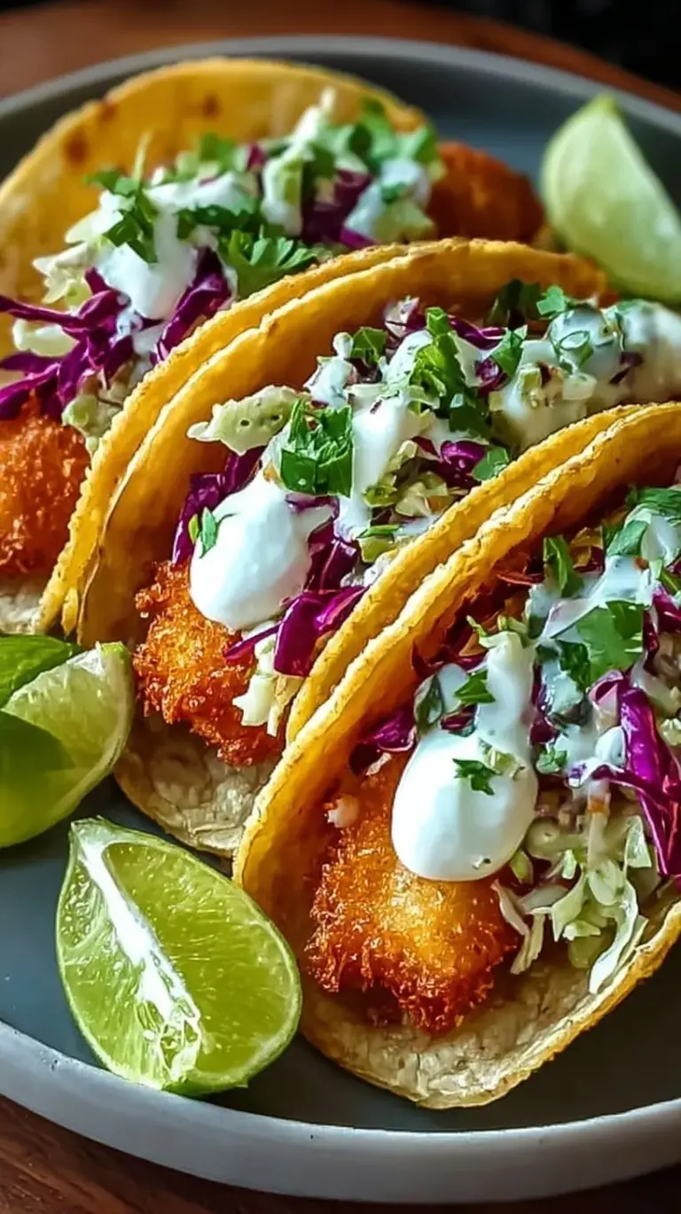 Platter of golden crispy baja fish tacos with lime and crema