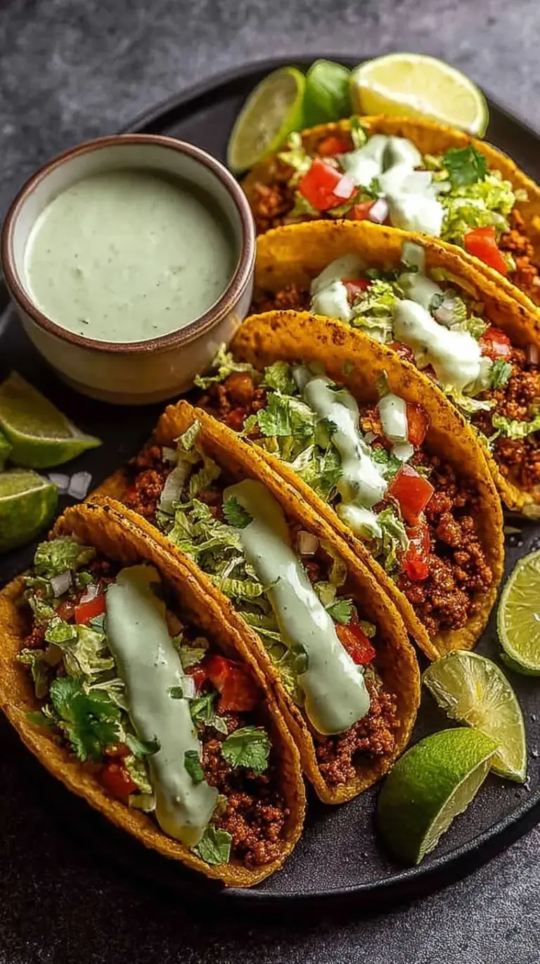 A row of crispy baked turkey tacos in a baking dish topped with green avocado sauce