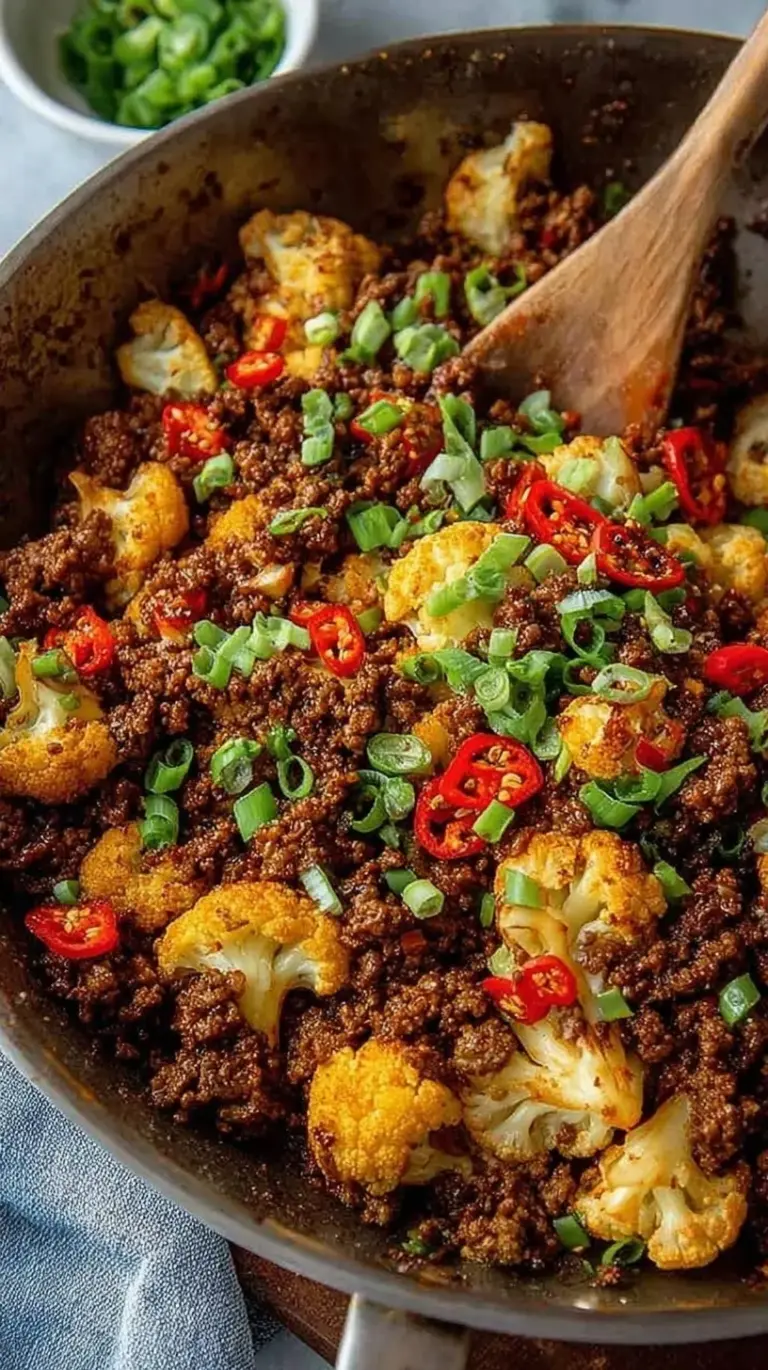 A cast iron skillet filled with crispy browned ground beef, charred cauliflower florets, and sliced green onions.
