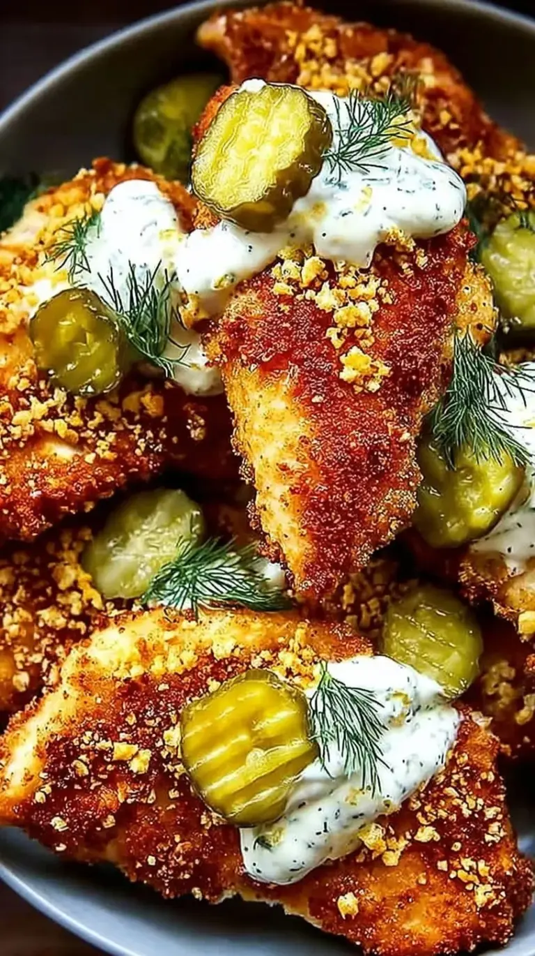 Golden brown crispy chicken breast with a parmesan crust and fresh dill garnish