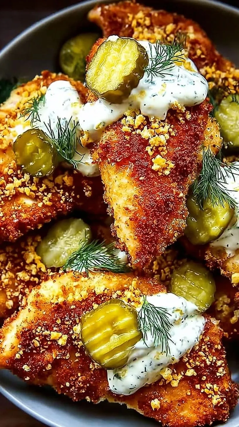 Golden brown crispy chicken breast with a parmesan crust and fresh dill garnish