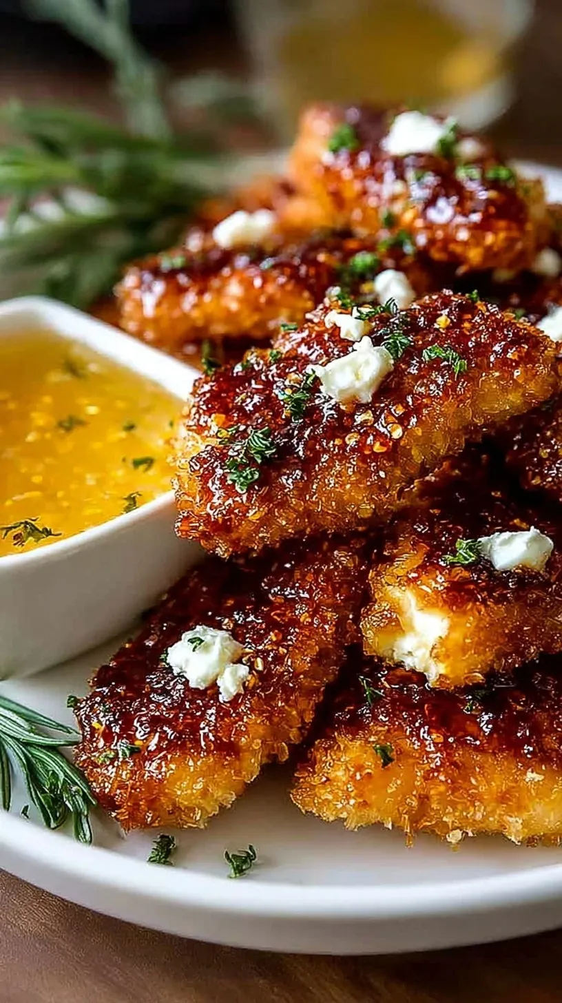 Golden brown crispy panko-breaded chicken cubes drizzled with hot honey and topped with crumbled white feta cheese and green parsley.
