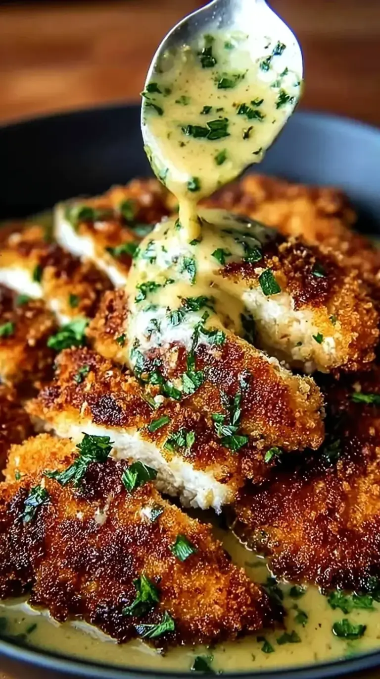 Golden brown crispy parmesan chicken cutlets drizzled with creamy garlic sauce and fresh parsley