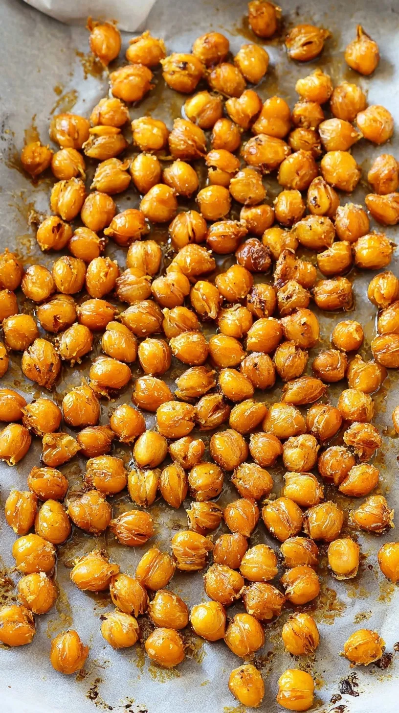 A close up shot of golden brown Crispy Roasted Chickpeas seasoned with paprika and sea salt on a baking sheet.