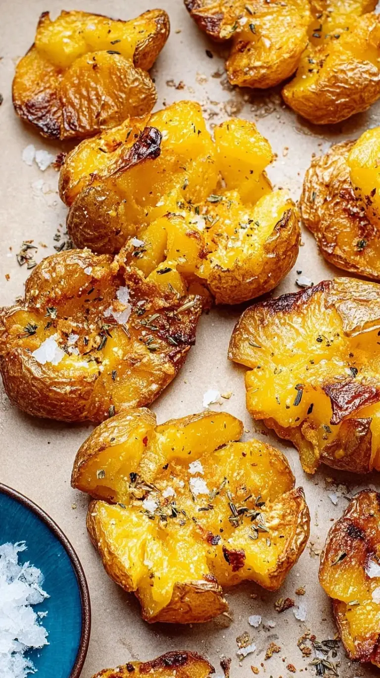 Golden brown crispy smashed potatoes seasoned with rosemary and garlic on a baking sheet