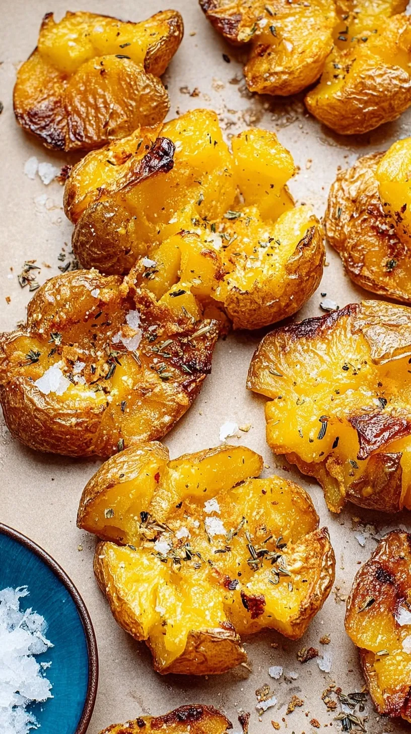 Golden brown crispy smashed potatoes seasoned with rosemary and garlic on a baking sheet