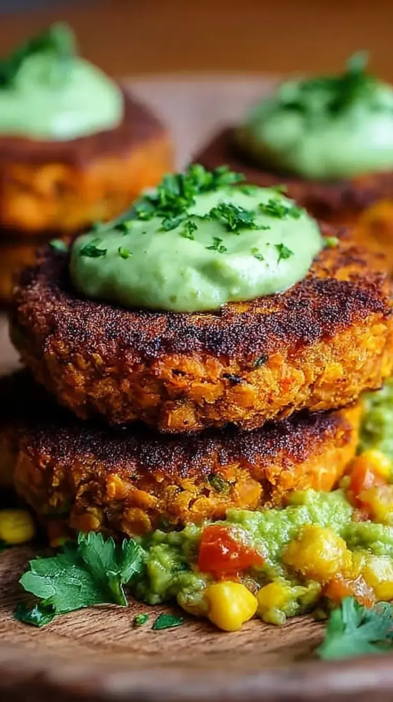 Golden brown crispy sweet potato and red lentil patties topped with green avocado sauce.