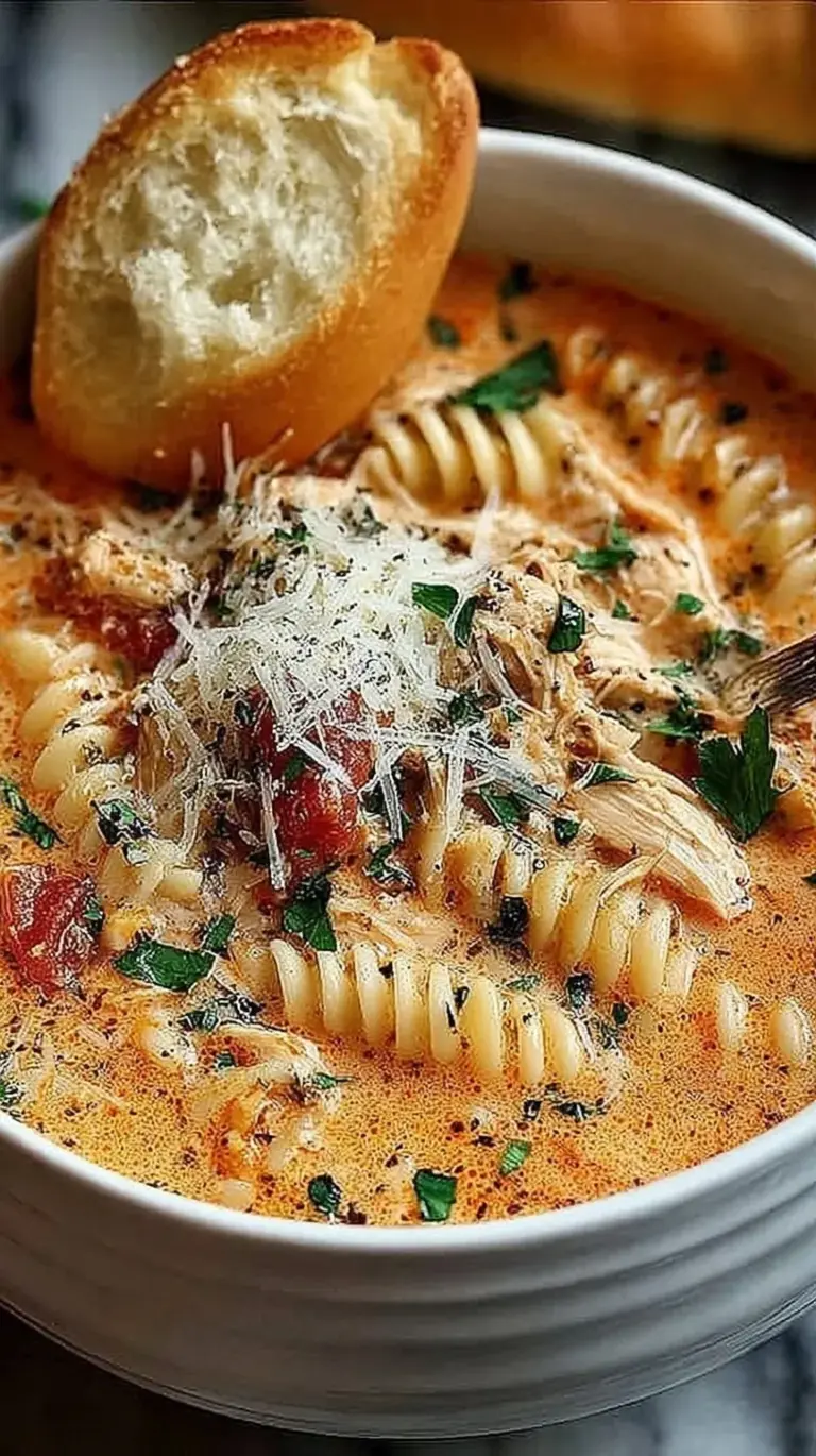 A bowl of rich tomato-based Crockpot Chicken Parmesan Soup topped with melted mozzarella and fresh parsley