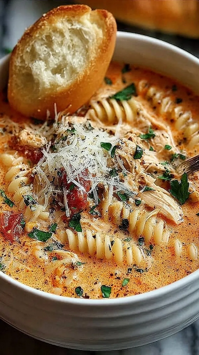 A bowl of rich tomato-based Crockpot Chicken Parmesan Soup topped with melted mozzarella and fresh parsley