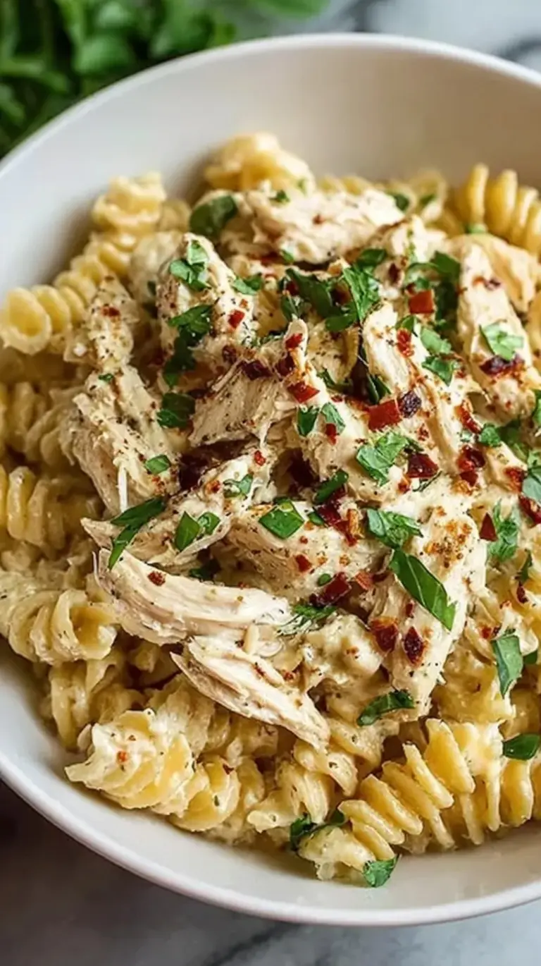 Creamy garlic parmesan chicken pasta in a slow cooker with melted cheese
