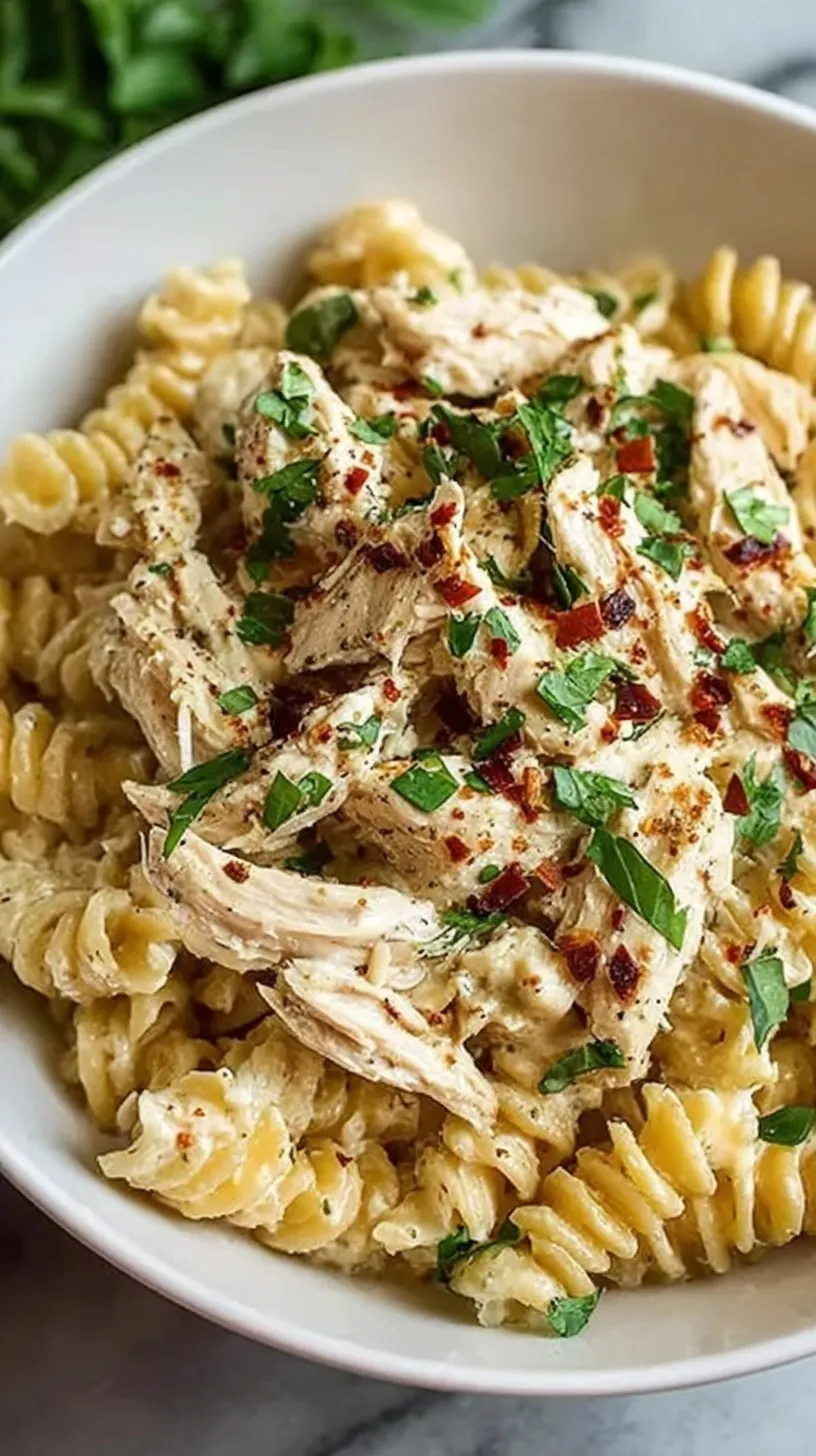 Creamy garlic parmesan chicken pasta in a slow cooker with melted cheese