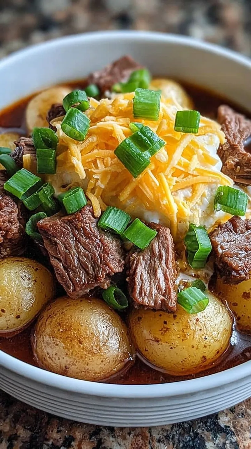 A close up shot of cheesy steak and potatoes in a slow cooker topped with sour cream and green onions.