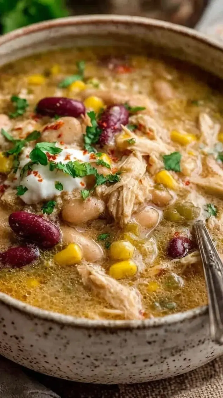 A close-up shot of creamy white chicken chili in a white bowl topped with fresh cilantro, avocado slices, and a lime wedge.