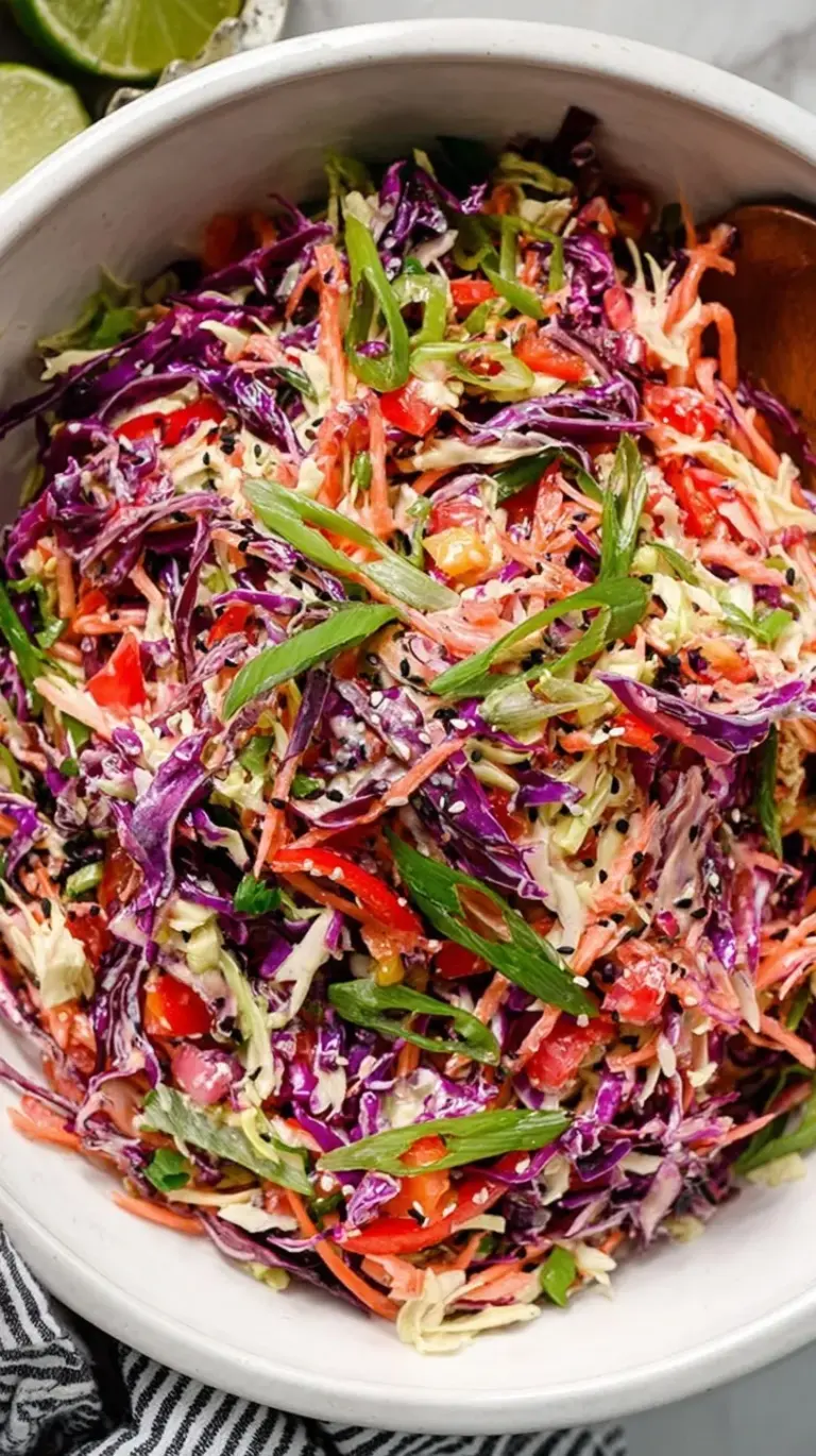 A vibrant bowl of Crunchy Asian Slaw with purple and green cabbage, carrots, and toasted ramen noodles.