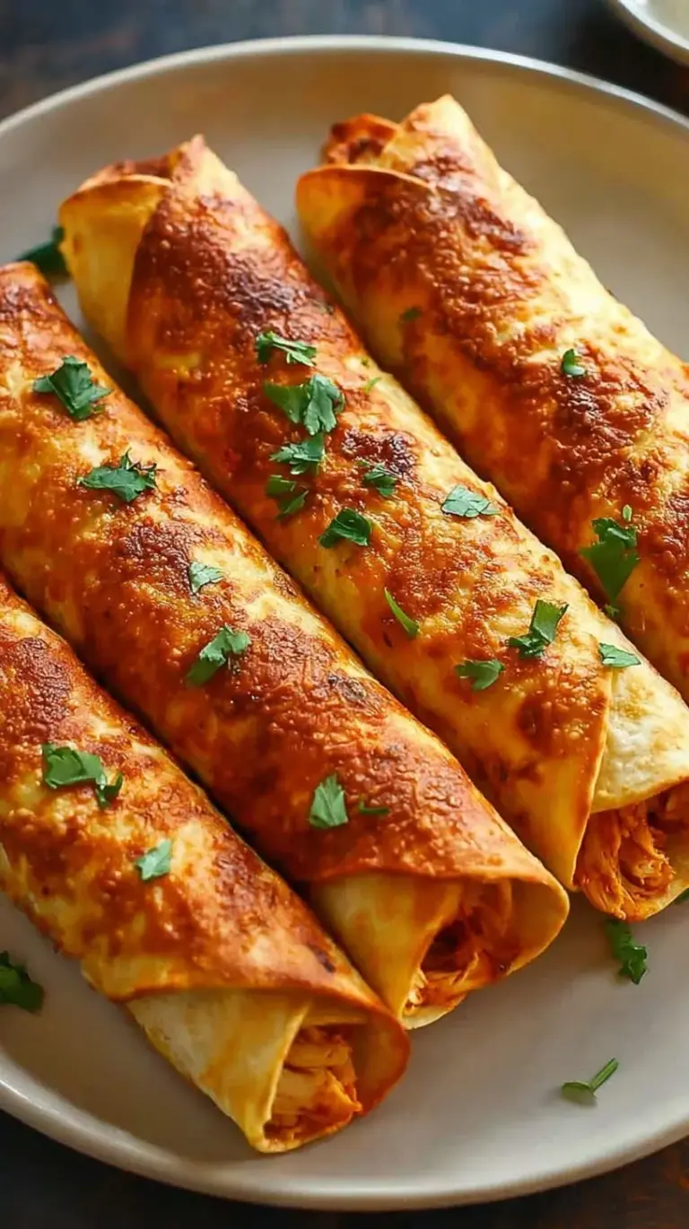 Golden brown and crispy oven-baked chicken taquitos served on a platter with guacamole and salsa.