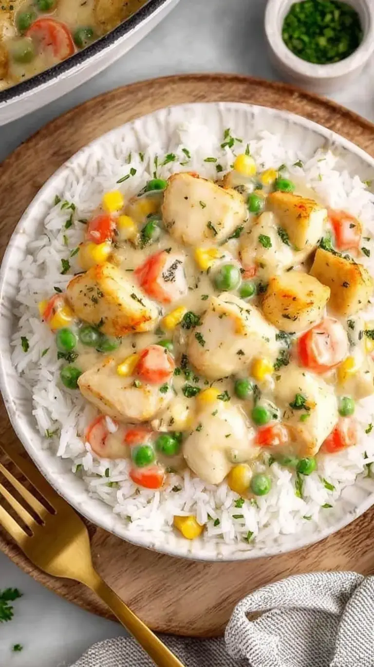 A steaming skillet of creamy crustless chicken pot pie with bright green peas and orange carrots