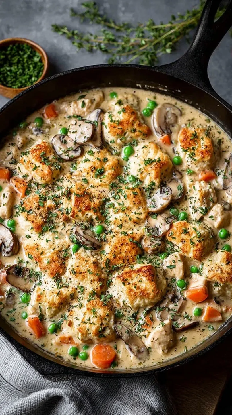 A cast iron skillet filled with creamy chicken pot pie filling, featuring carrots, peas, and fresh parsley.