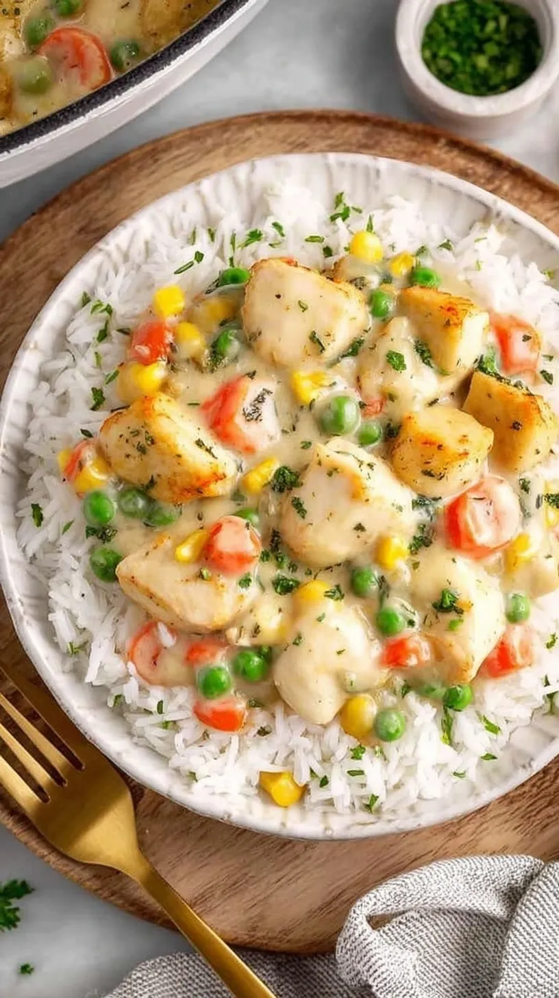 A steaming skillet of creamy crustless chicken pot pie with bright green peas and orange carrots