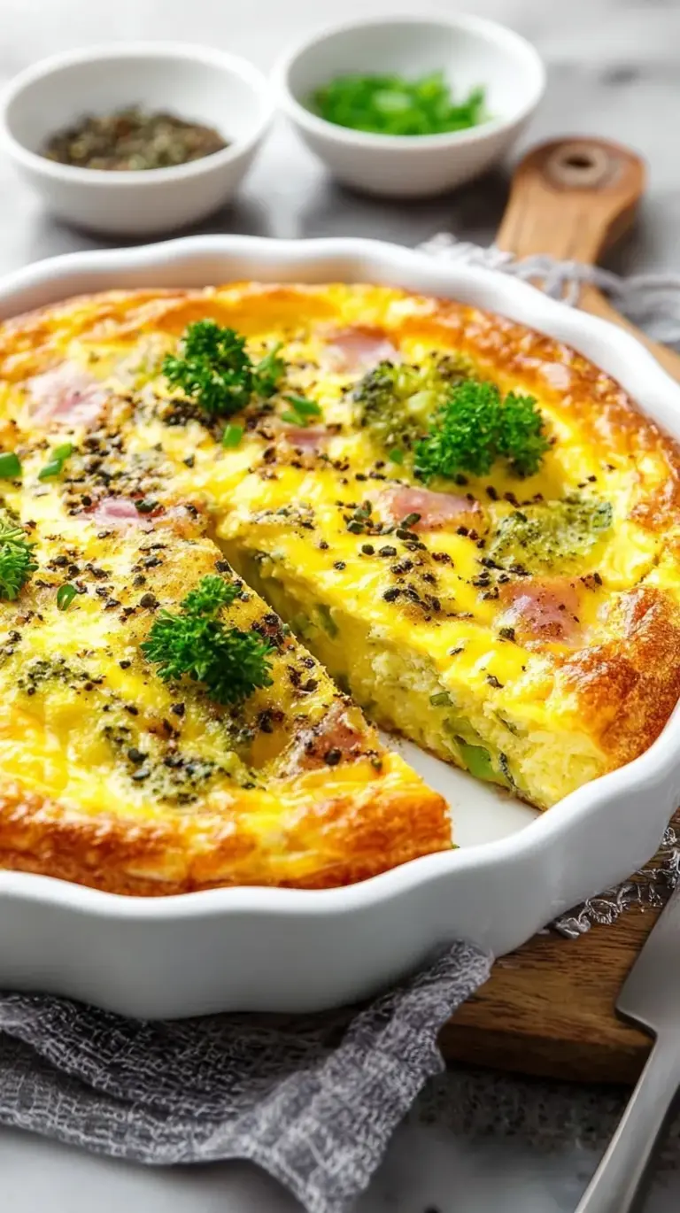 A golden-brown crustless quiche with spinach and bacon in a white pie dish.