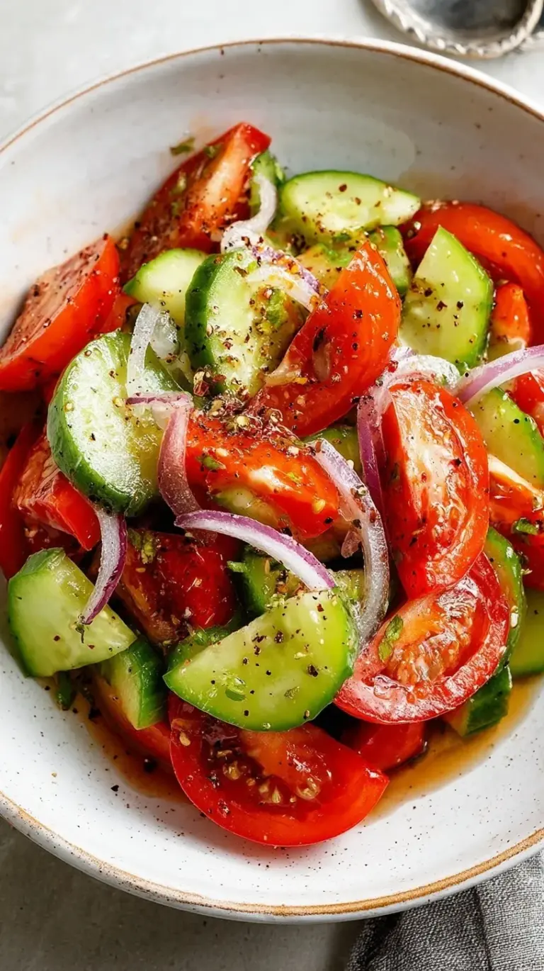 A vibrant glass bowl filled with sliced English cucumbers, diced Roma tomatoes, and red onions tossed in a clear herb vinaigrette.