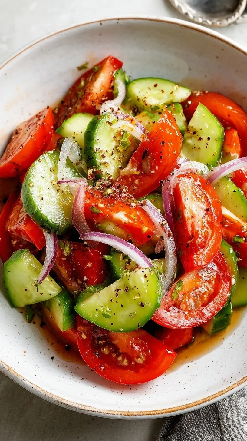 A vibrant glass bowl filled with sliced English cucumbers, diced Roma tomatoes, and red onions tossed in a clear herb vinaigrette.