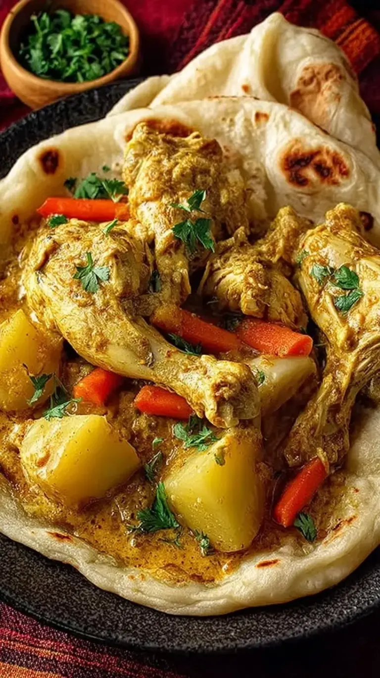 A delicious Curry Chicken Roti wrap filled with yellow curry chicken and potatoes on a plate