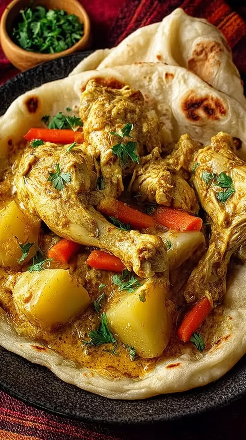 A delicious Curry Chicken Roti wrap filled with yellow curry chicken and potatoes on a plate