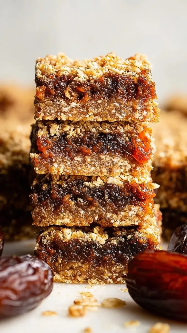 A stack of square date bars with a thick date filling and golden oat crumble topping