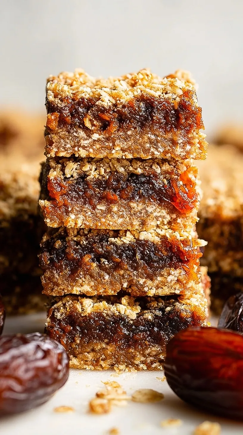 A stack of square date bars with a thick date filling and golden oat crumble topping