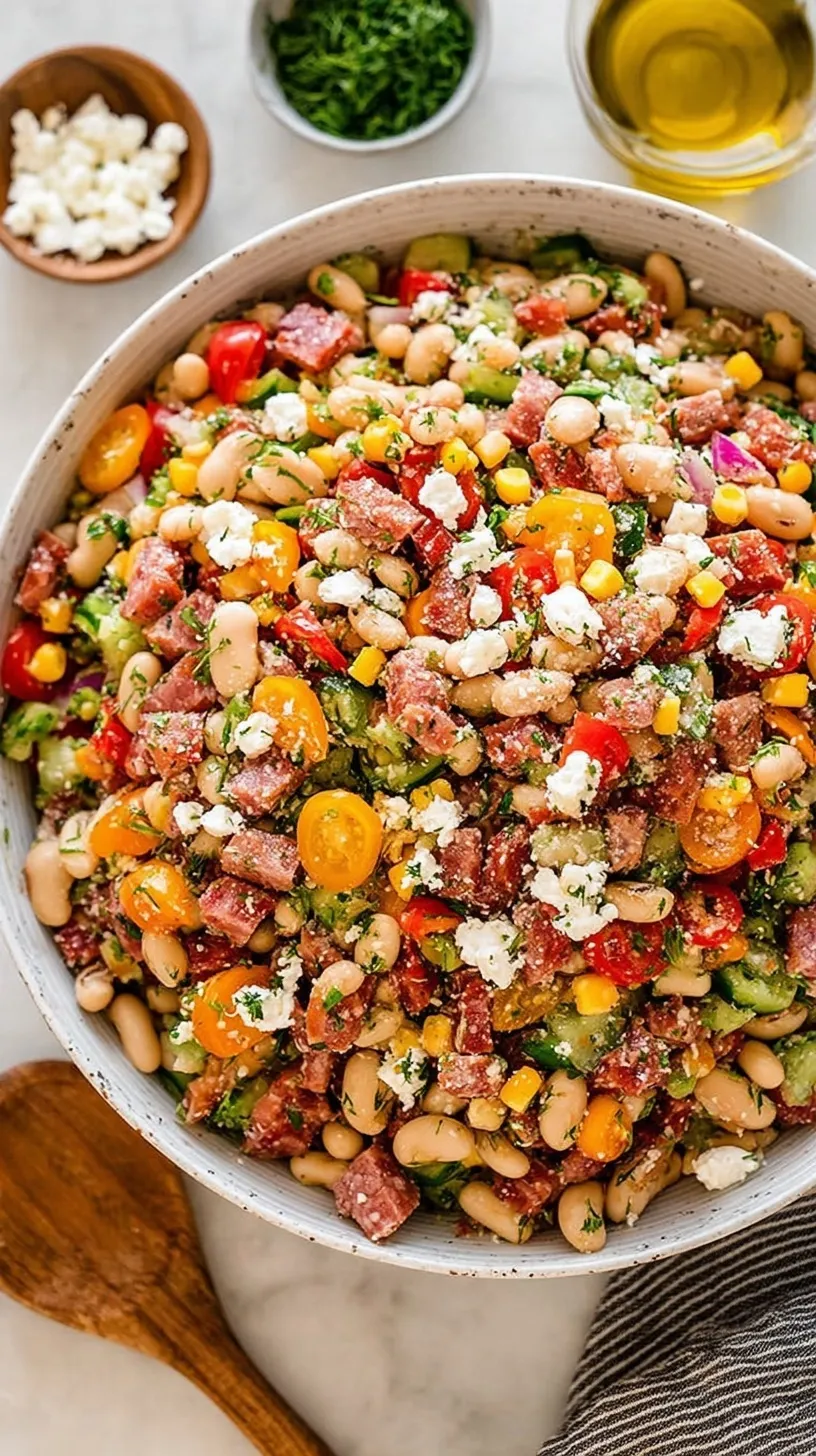 A vibrant bowl of Dense Bean Salad with chickpeas, cannellini beans, diced salami, and crumbled feta.
