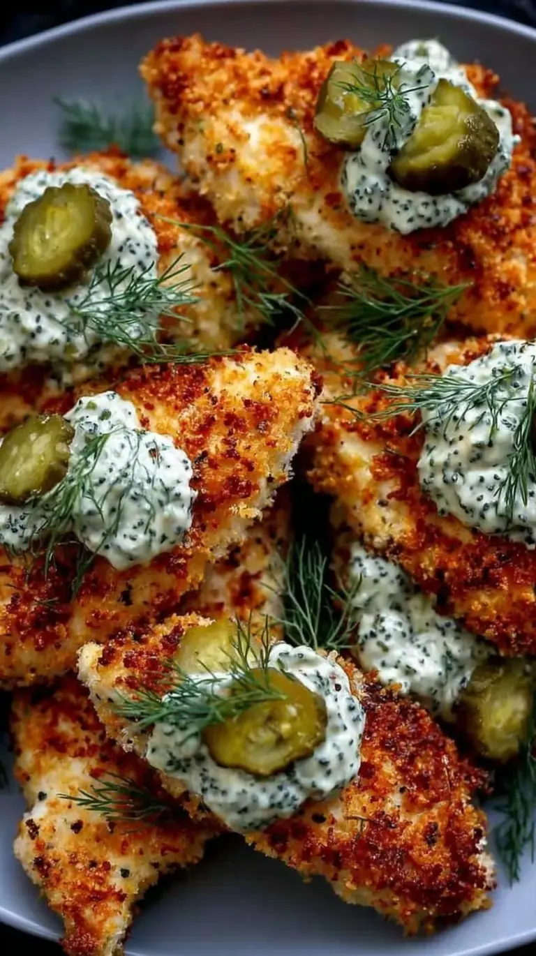 Golden brown crispy chicken breast with a parmesan crust and fresh dill garnish