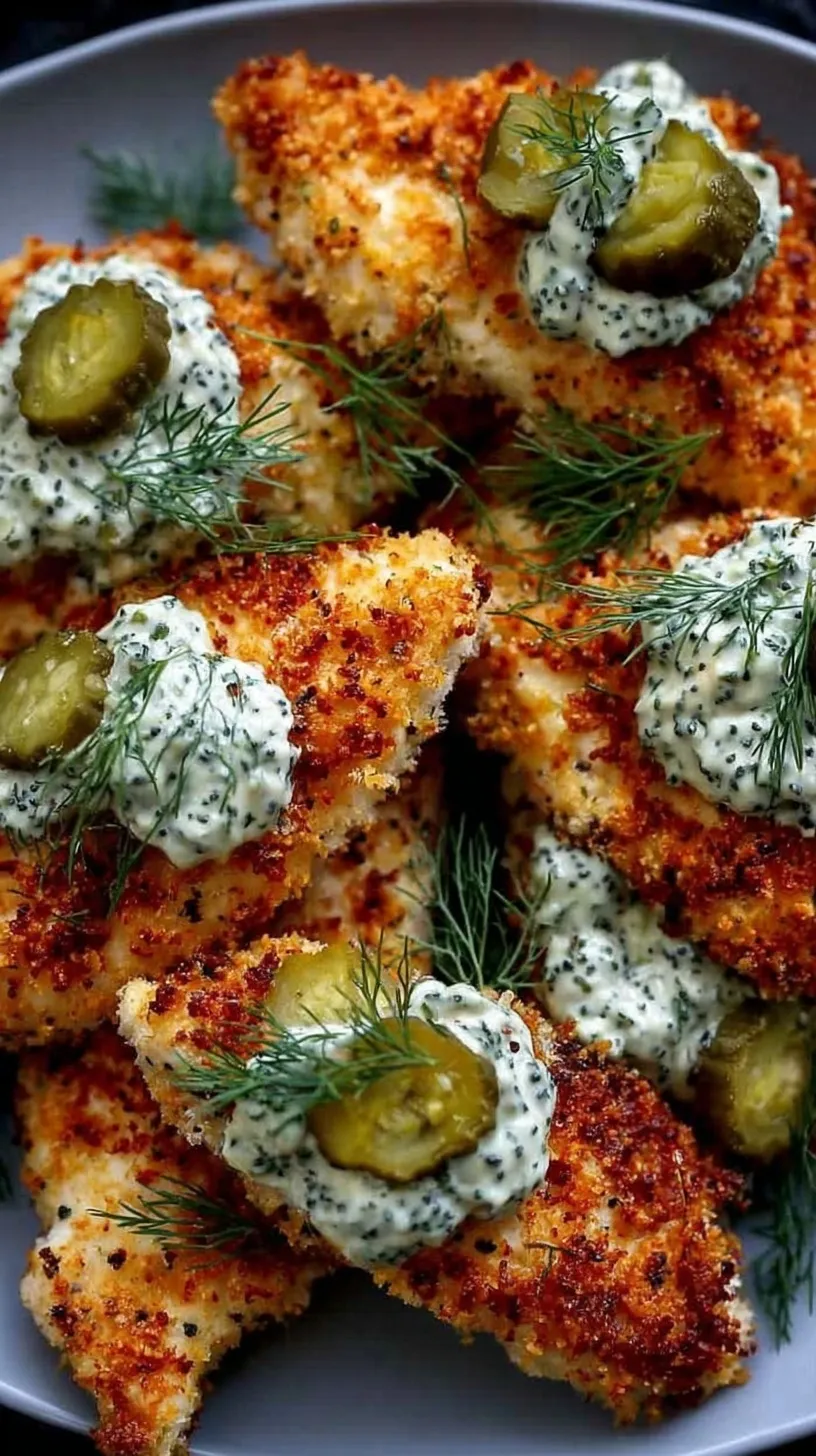 Golden brown crispy chicken breast with a parmesan crust and fresh dill garnish