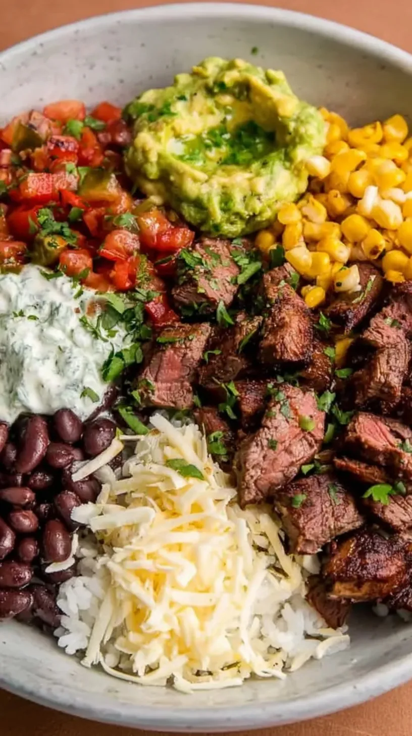 A colorful DIY Chipotle Steak Bowl with seared steak, guacamole, and lime rice.
