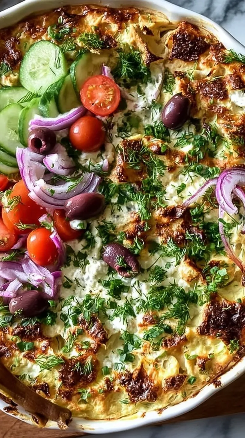 A white baking dish filled with chicken and rice casserole topped with fresh cucumber, feta, and olives.
