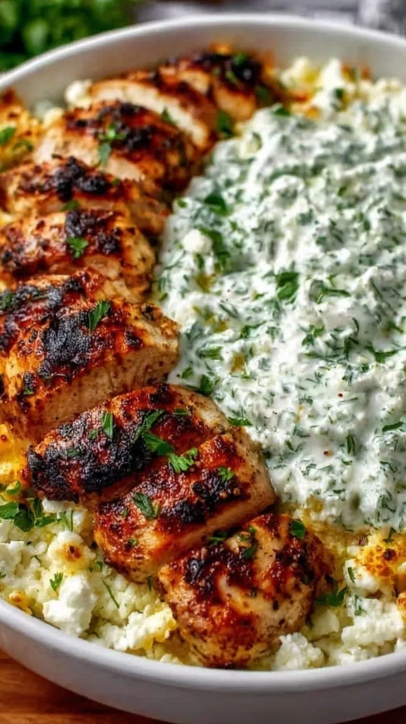 A white baking dish filled with rotini pasta, cubed chicken, creamy tzatziki sauce, fresh cucumbers, and crumbled feta cheese.
