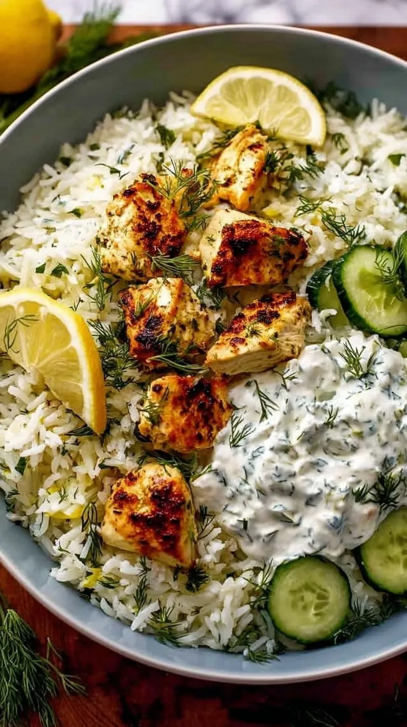 A baking dish filled with Mediterranean chicken and rice topped with fresh cucumber, feta, and creamy tzatziki sauce.