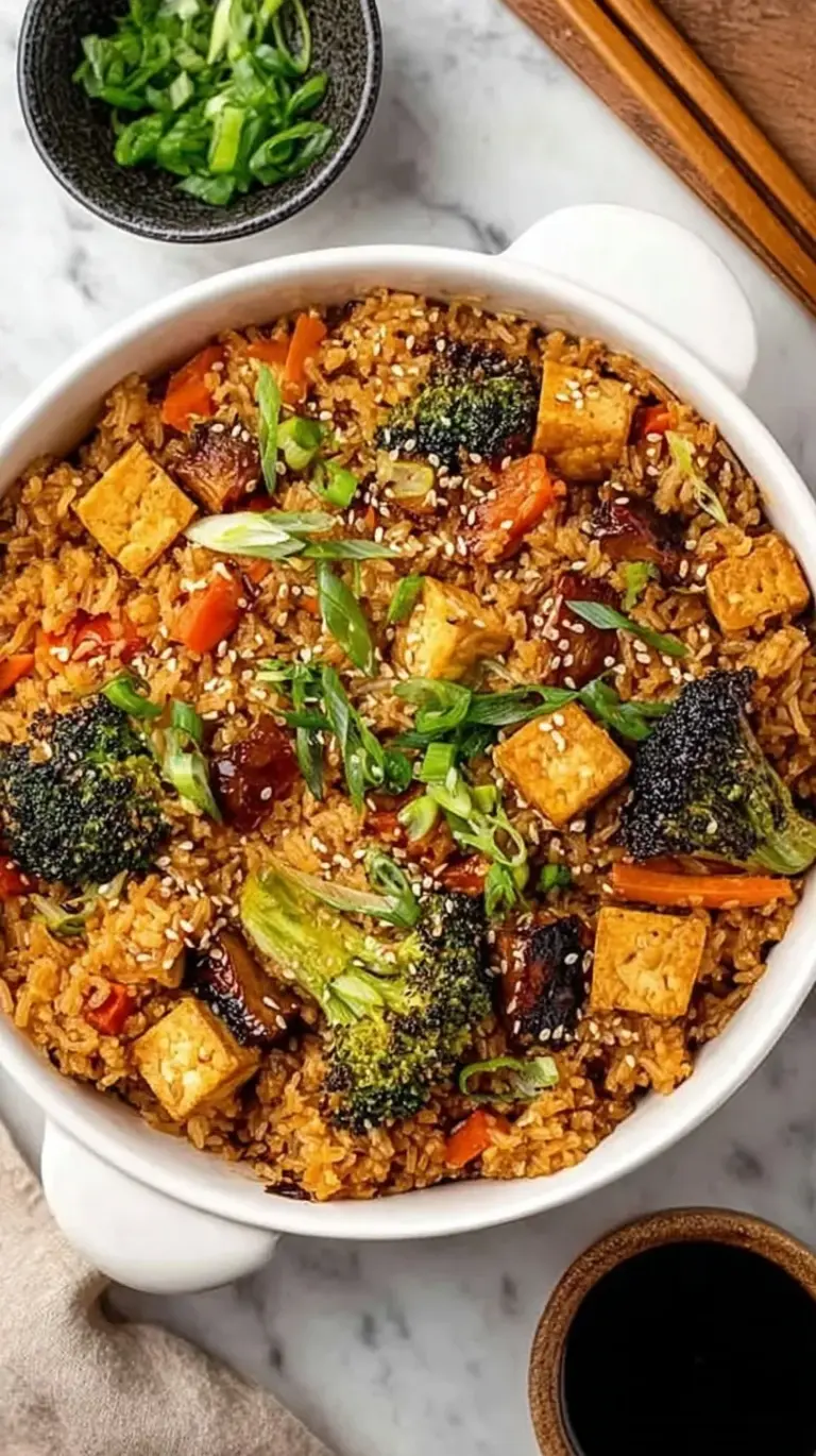 A steaming 9x13 baking dish of teriyaki tofu rice casserole with peas and carrots.