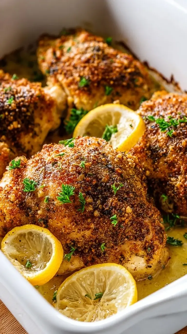 Juicy baked Greek chicken thighs with olives, red onions, and melted feta cheese in a baking dish.