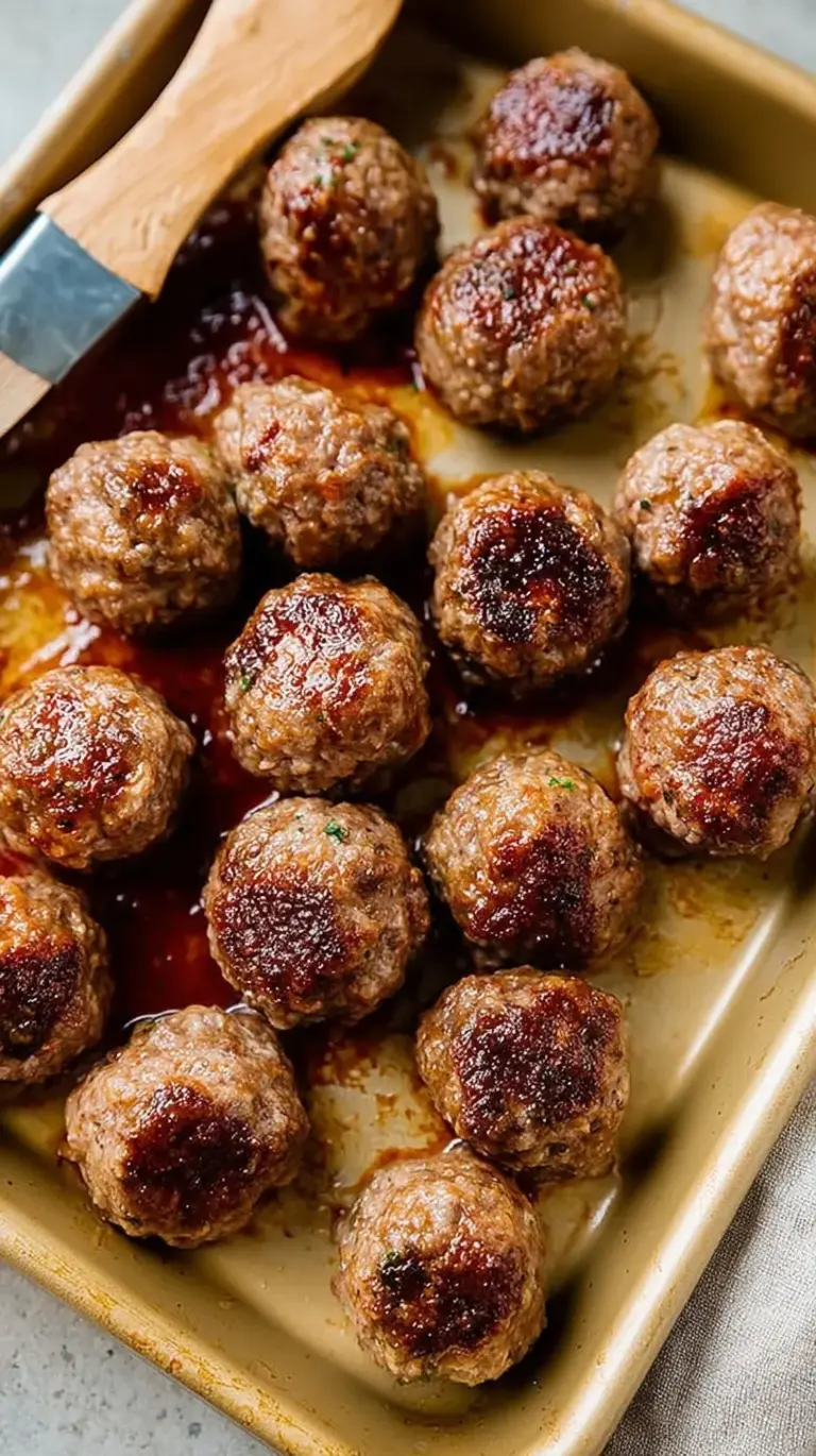 A tray of golden brown Easy Baked Meatballs garnished with fresh parsley
