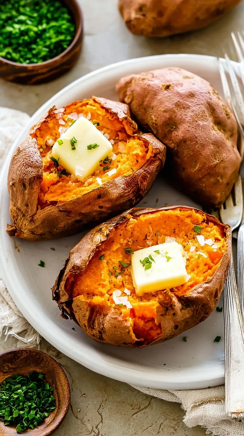 A perfectly roasted whole sweet potato sliced open with steam rising and sea salt on the skin.