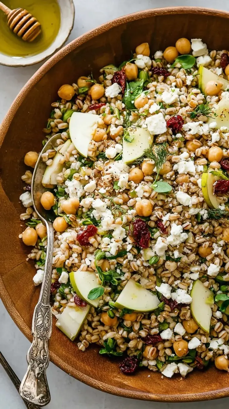 A vibrant easy barley salad with chickpeas, cucumbers, tomatoes, and feta cheese in a white bowl.