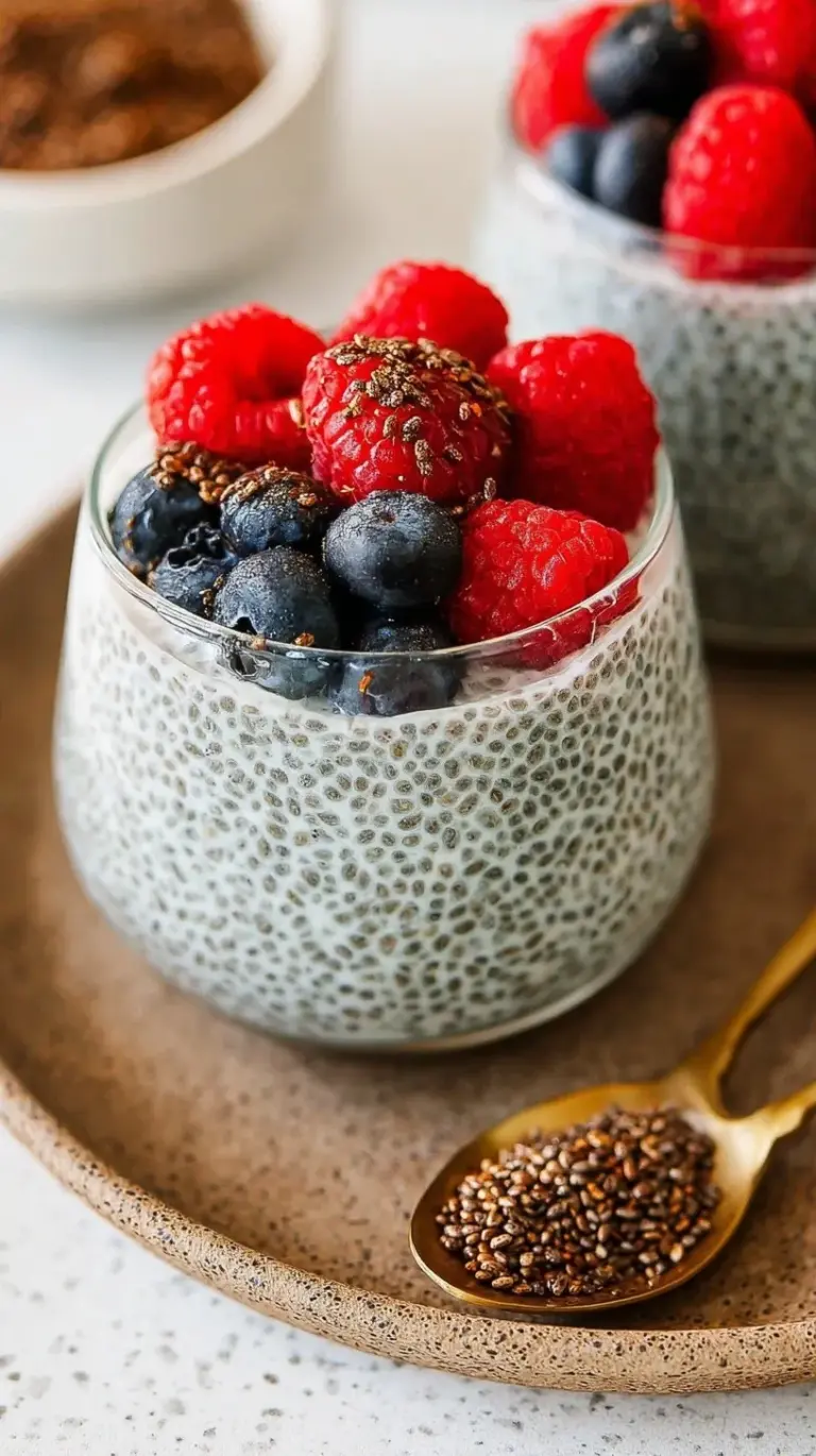 A glass jar filled with creamy basil seed pudding topped with fresh blueberries