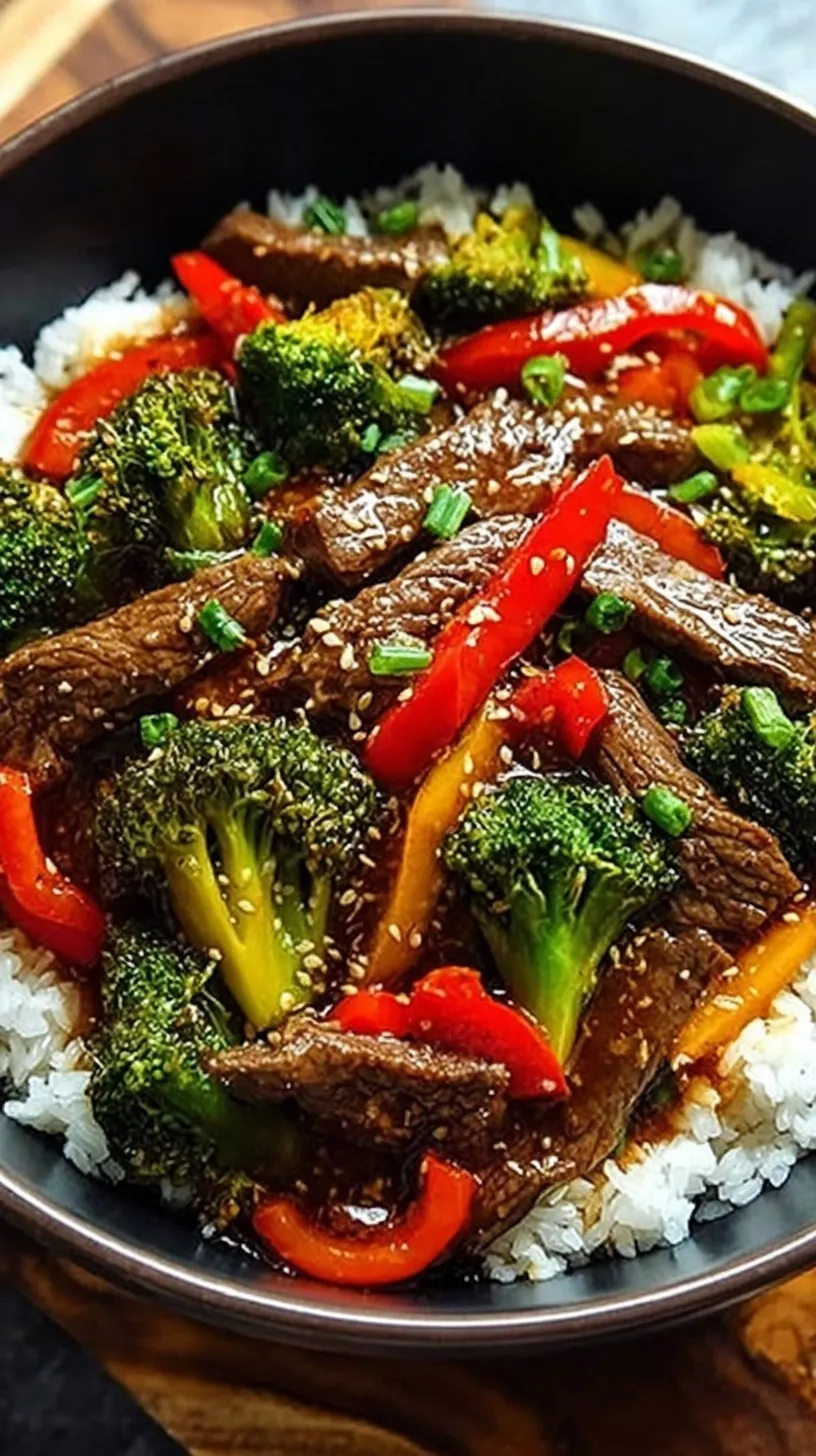 Sizzling beef stir fry with broccoli and red peppers in a dark skillet