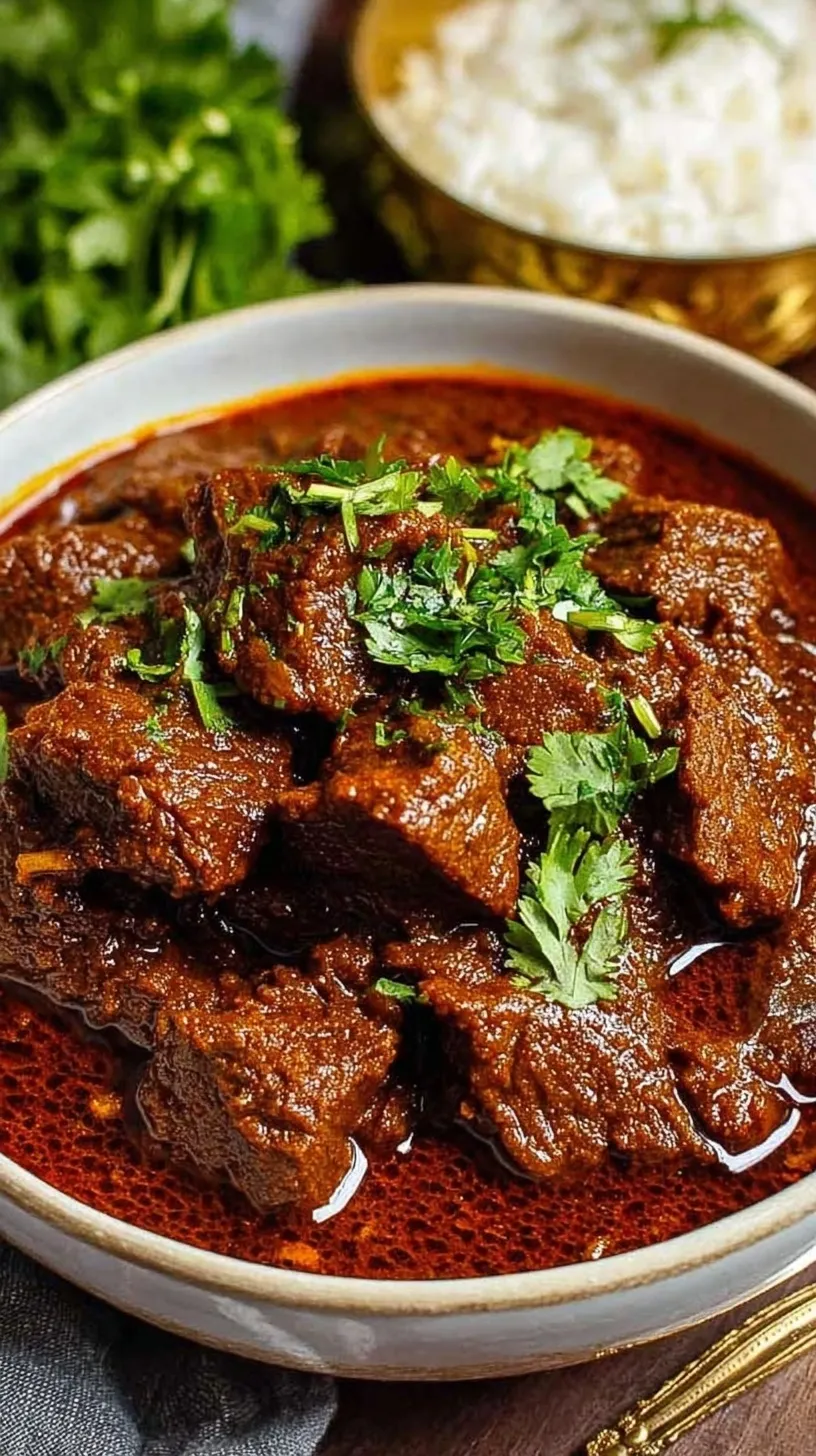 A bowl of rich red beef vindaloo curry topped with fresh cilantro served over white rice.